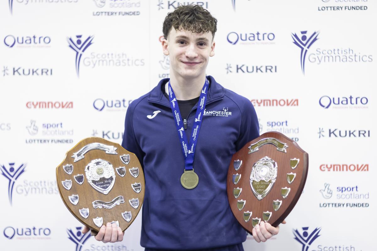 Reuben Ward wins the men's under 18 all-around title at the 2023 Scottish National Artistic Championships