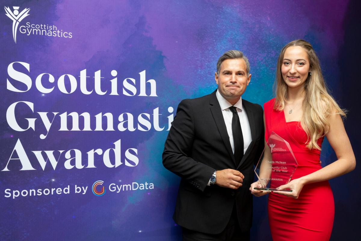 Scottish Gymnastics community club coach of the year 2022 Charis Maclean with Iain Whyte from Kukri