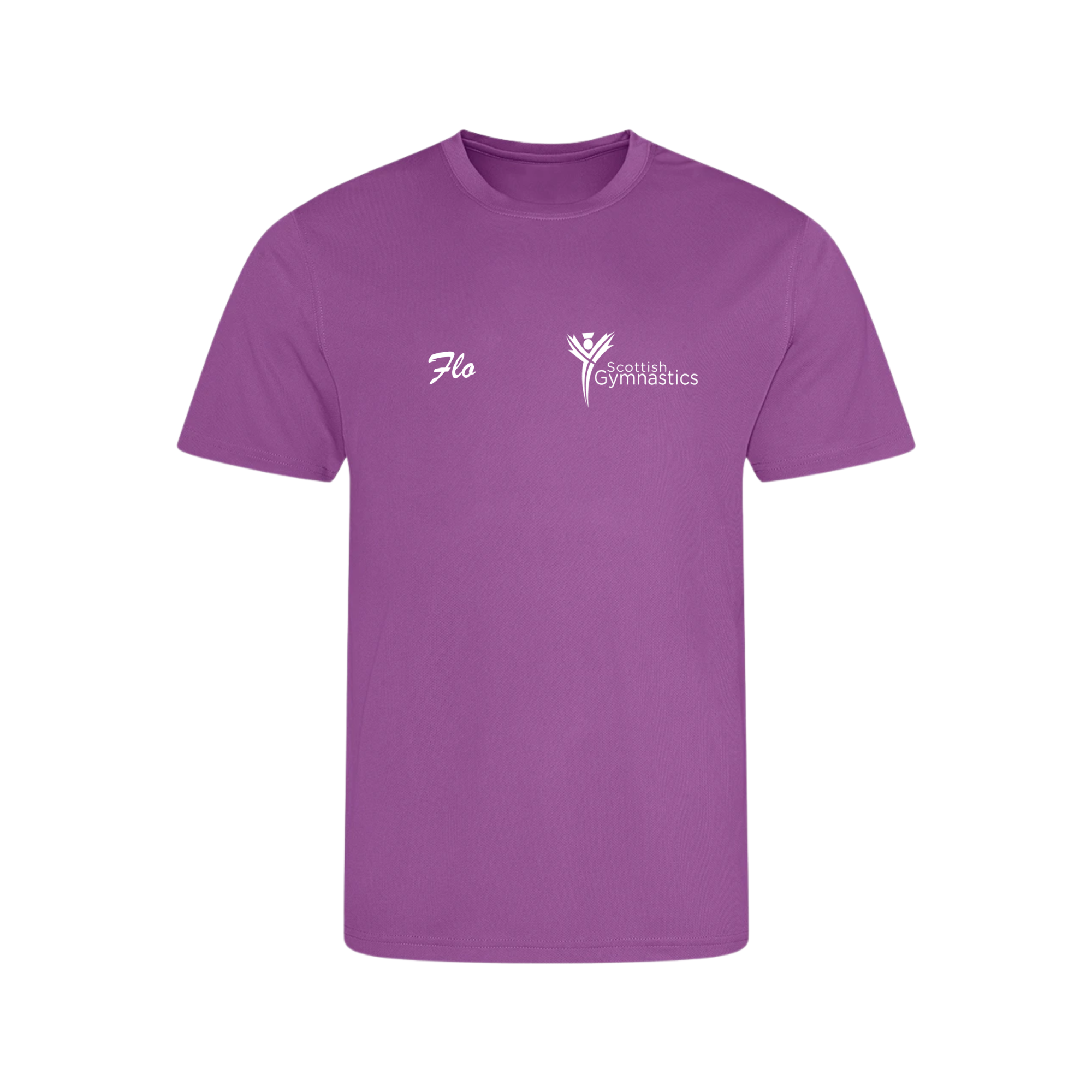 A purple dry fit t-shirt with a name personalisation and Scottish Gymnastics logo on the chest.