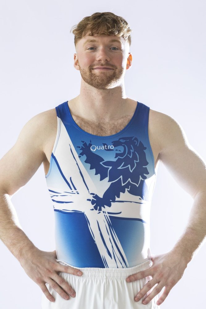 Team Scotland gymnast Cameron Lynn wearing Quatro's Glasgow 2026 leotard
