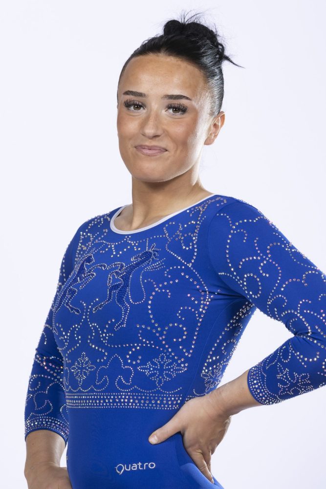Team Scotland gymnast Ellee Cheetham wearing Quatro's Glasgow 2026 leotard