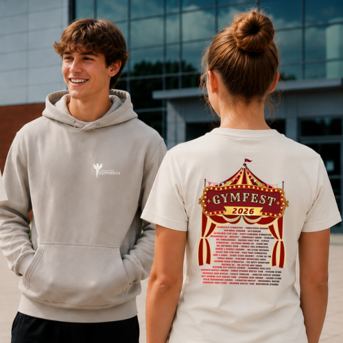 Gymfest November 2026 hoodie and T-shirt front and back