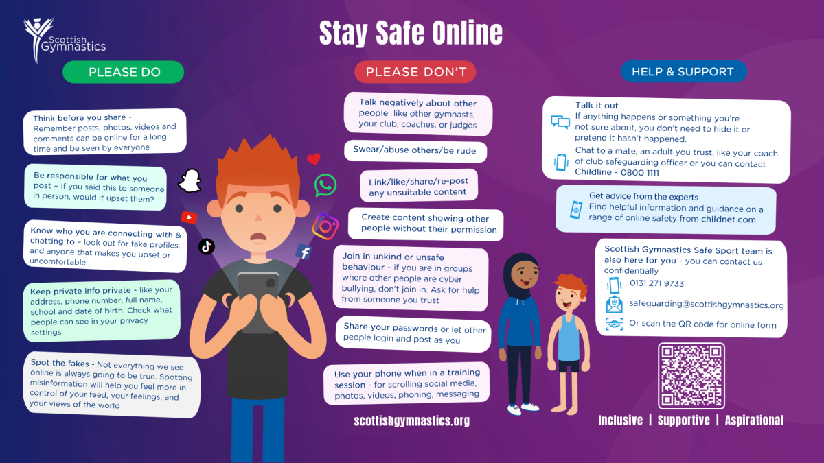 Graphic with tips on how to stay safe online with details on where to find help and moreinformation